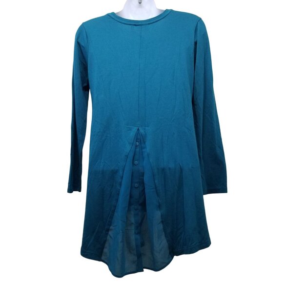 LOGO 14 Blue Shirt Top Tunic Long Sleeve Hi Low Pockets Stretch Knit Chiffon - Picture 3 of 6